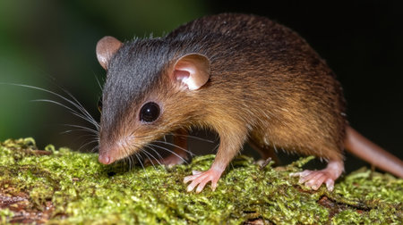 A small mammal sits on a mossy log, showcasing its delicate features and curious expression. This close-up brings attention to the creature's fur, whiskers, and natural habitat.の素材