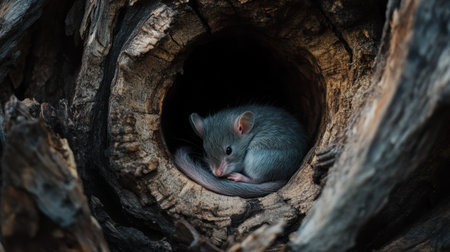 A small furry creature is curled up inside a hollow log, showcasing its serene nature in a tranquil environment. The play of light and shadows enhances the warm textures of the wood.の素材