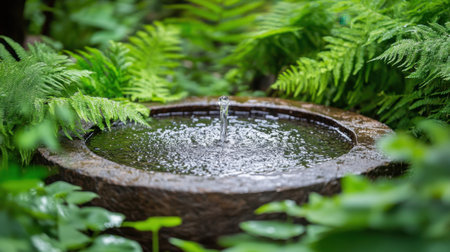 This image showcases a serene garden fountain surrounded by rich green ferns and foliage, creating a peaceful oasis perfect for relaxation and reflection.の素材