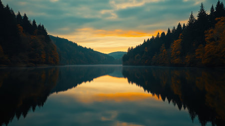 Capture the serene beauty of a sunset over a tranquil lake, with lush forests and towering mountains in the backdrop, showcasing autumn colors and reflections.の素材