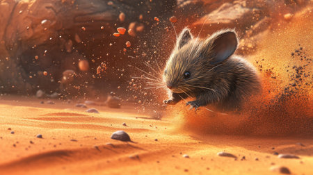 A small furry animal skillfully navigates through a sandy desert terrain, creating a dynamic scene filled with motion and energy, captivating nature lovers.の素材