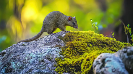 A small furry creature is seen curiously exploring a moss-covered rock in a lush forest. The vibrant greenery and soft light create a peaceful atmosphere, showcasing the creatureの素材