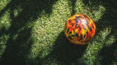 A colorful soccer ball sits on fresh green grass, illuminated by sunlight, casting intriguing shadows. Perfect for sports-related themes.の素材