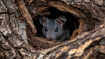 A small mammal curiously peeks out from a natural hollow in a tree trunk, blending beautifully into its woodland habitat, highlighting wildlife behavior.の素材