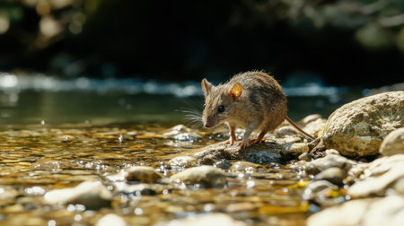 A small rodent explores the rocky riverbank, showcasing its furry texture and curious nature. Sunlight reflects off the water, creating a peaceful scene.の素材