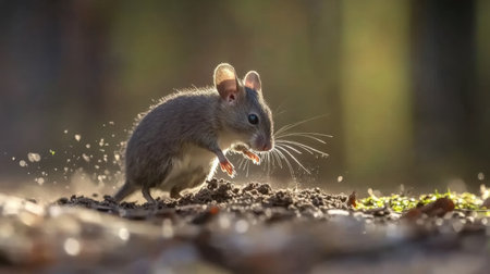 A small brown rodent scurries across the forest floor, sunlight illuminating its delicate features. The scene captures the essence of wildlife in motion.の素材