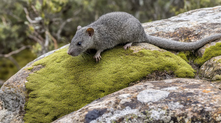 A small gray mammal scales a moss-covered rock in its natural habitat, showcasing the beauty of wildlife and the intricacies of nature's environment.の素材