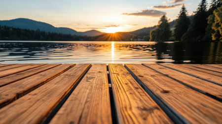 A breathtaking view of a serene lake at sunset, featuring a wooden dock in the foreground. The scene captures the tranquil reflection of the vibrant sky on the calm water, framed by lush forests and majestic mountains.の素材