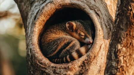 A serene image of a sleepy marsupial nestled into a hollow tree, capturing its peaceful demeanor and charming features in a natural outdoor setting.の素材