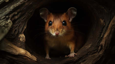 A charming small mammal peeks out from a rustic wooden hole, showcasing its curious nature and expressive eyes, surrounded by earthy textures.の素材