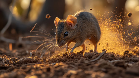 A small mammal scurries across the forest floor in soft, golden sunlight, creating an enchanting scene of nature's delicate beauty and vibrant life.の素材