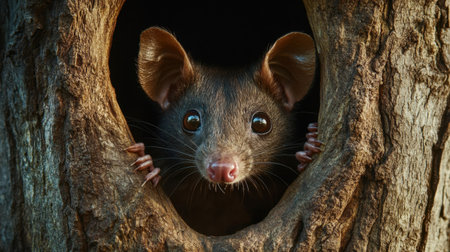 A charming small animal peeks out of a tree hollow, showcasing its bright brown eyes and adorable expression. The scene captures the essence of wildlife and curiosity, highlighting the animal's natural habitat with a focus on its innocent demeanor.の素材