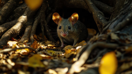 A small mammal with large ears emerges from a cozy burrow on a colorful forest floor, surrounded by autumn leaves and tree roots, capturing nature's beauty.の素材