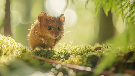 A charming small brown mouse is exploring a carpet of lush green moss within a serene forest setting, illuminated by gentle sunlight.の素材