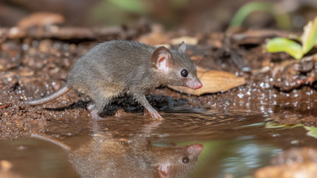 A small mammal cautiously approaches shallow water, capturing its reflection in the serene surface. This scene embodies the beauty of wildlife in its natural habitat.の素材