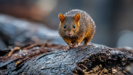 A small mammal with droplets on its fur stands curiously on a log, surrounded by a soft-focus forest background, capturing the beauty of wildlife.の素材