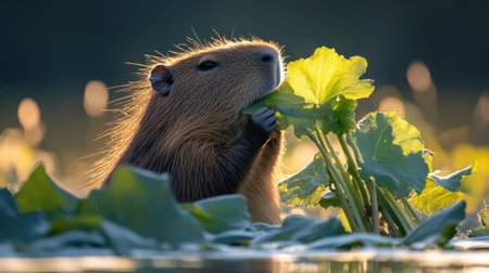 A serene capybara is captured munching on leaves in its natural habitat, surrounded by lush greenery and reflections in tranquil waters. The sunlight enhances the peaceful scene, showcasing the beauty of wildlife.の素材
