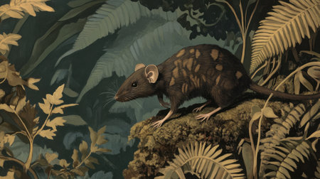 Explore a captivating artwork featuring a small mammal harmoniously integrated into a vibrant, tropical forest. The detailed illustration highlights the creature's features and its lush surroundings, creating an immersive natural scene.の素材
