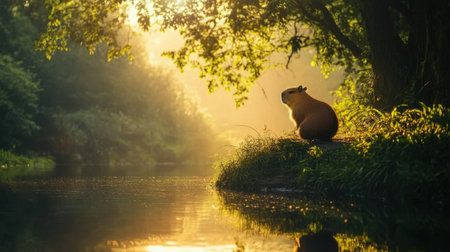 A captivating scene of a capybara resting peacefully by a riverbank at sunrise, enveloped in lush greenery and soft golden light, evoking tranquility and serenity.の素材