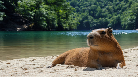 A tranquil capybara rests gracefully on the sandy beach beside a serene river, surrounded by lush greenery under vibrant sunlight. Perfect for nature lovers.の素材