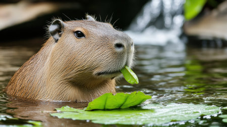 A capybara relaxes in a serene water setting, munching on a leafy snack. This image captures the peaceful coexistence of wildlife and nature.の素材