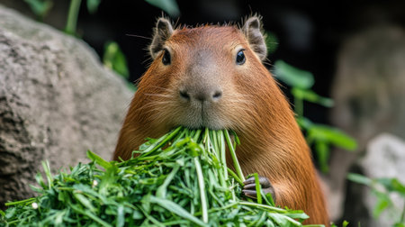 A capybara enjoys a mouthful of fresh green grass in its natural habitat, surrounded by stones and lush vegetation, showcasing the beauty of wildlife.の素材