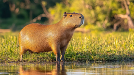 A capybara stands gracefully beside a tranquil water source, showcasing its beautiful fur and gentle demeanor. This serene scene captures the essence of wildlife in a lush environment.の素材