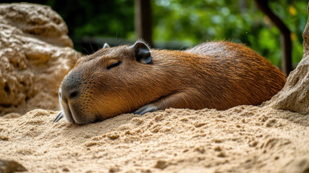 A serene capybara rests on a sandy surface, capturing the essence of wildlife tranquility. Surrounded by green foliage, it embodies nature's peace.の素材