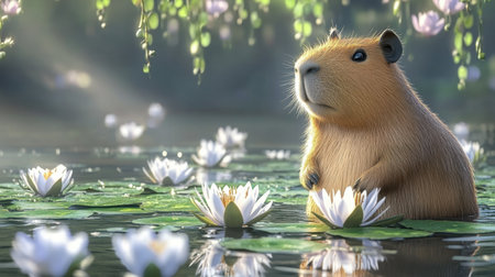 A charming capybara floats calmly amid blooming water lilies in a tranquil pond, perfectly embodying the beauty of nature's serenity at dusk.の素材