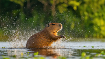 A capybara joyfully leaps through the water, creating splashes under the warm sun amidst a lush green landscape, showcasing this unique wildlife moment.の素材