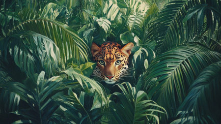 A stunning depiction of a leopard partially hidden among vibrant green foliage in a tropical jungle, showcasing its intense gaze and striking features.の素材