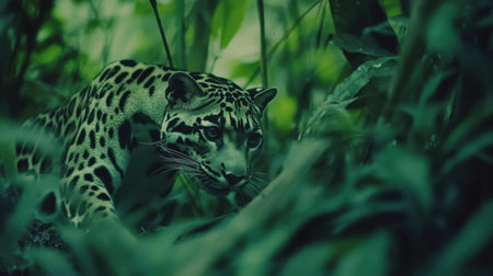 This striking close-up captures a leopard in rest, camouflaged among lush green jungle foliage, showcasing its sharp gaze and stunning coat.の素材