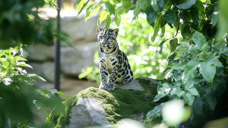 A stunning snow leopard is seen resting on a moss-covered rock amidst vibrant greenery. The scene captures the essence of wildlife in its natural habitat, showcasing the beauty and elegance of this majestic feline. Perfect for nature enthusiasts and wildlife advocates.の素材