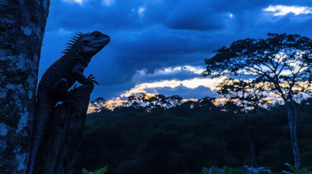 A striking silhouette of an iguana perched on a branch, framed by a dramatic blue sky at dusk. The lush rainforest landscape offers a serene setting.の素材