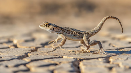 A small desert lizard traverses the cracked dry soil, showcasing its unique patterns and textures. The vibrant creature stands out against the arid landscape, embodying the resilience of wildlife in extreme environments.の素材