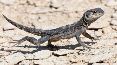 A stunning close-up photograph capturing a lizard moving across cracked ground, showcasing its unique patterns and textures in a natural habitat.の素材