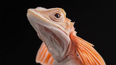This striking close-up portrait showcases a unique lizard with vivid orange colors set against a contrasting black background, capturing intricate details.の素材