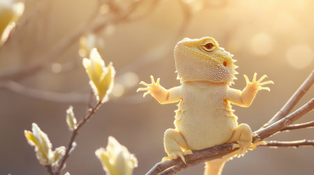 A bright yellow bearded dragon is basking on a branch, enjoying the warm sunlight in a soft, natural setting. The image captures tranquility and beauty in wildlife.の素材