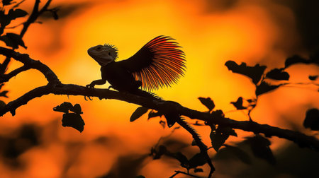 This breathtaking image captures a lizard silhouetted against a striking orange sunset, showcasing the beauty of wildlife in its natural setting.の素材