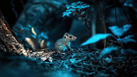 A small rodent sits quietly in a dark forest, surrounded by rich green foliage and subtle blue tones. This serene moment captures the beauty of wildlife.の素材