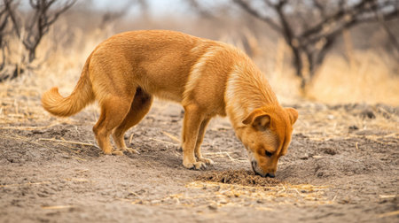 A curious dog investigates the dry ground, displaying natural instincts while exploring its surroundings in a warm, outdoor setting.の素材