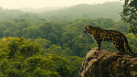 A striking jaguar stands confidently on a rocky ledge, overlooking a vibrant jungle landscape. This stunning scene highlights the beauty and majesty of wildlife in its natural habitat.の素材