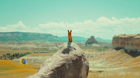 A loyal dog stands proudly on a massive rock, surveying its beautiful desert surroundings under a bright and clear blue sky. The landscape features expansive plains and distant cliffs, creating a serene and peaceful atmosphere.の素材