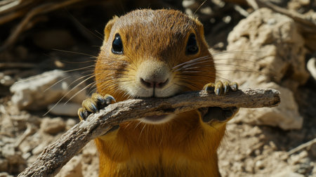 A close-up of a cute squirrel holding a branch with its paws, showcasing its focused expression in a natural outdoor setting on a sunny day.の素材