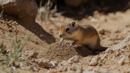A small desert rodent is seen closely inspecting a mound of sand in its natural habitat, showcasing its curious nature and the beauty of wildlife.の素材