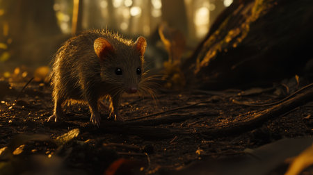 A small mammal explores the forest floor, illuminated by soft sunlight filtering through the trees, capturing the essence of wildlife in its natural habitat.の素材