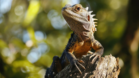 This captivating image features a majestic lizard perched gracefully on a rustic tree bark, surrounded by a soft, blurred green background. The gentle bokeh highlights its intricate scales and natural colors.の素材