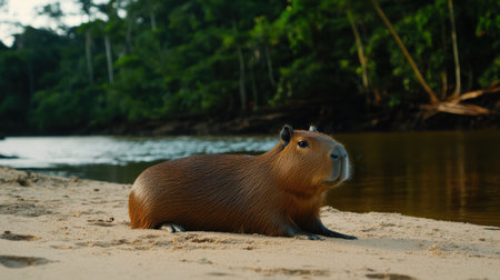 A capybara rests peacefully on the sandy riverbank in a vibrant tropical setting. The lush greenery reflects in the calm water, creating a serene atmosphere.の素材
