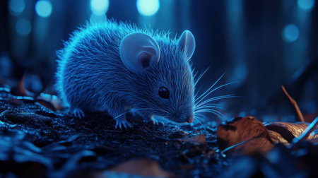 A charming tiny mouse delicately explores a mystical forest illuminated by soft blue light. The scene captures the enchanting atmosphere of nature at night.の素材