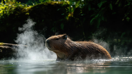A capybara breaks the surface of a misty water body, surrounded by lush greenery, creating a peaceful scene that captures the essence of wildlife in nature.の素材